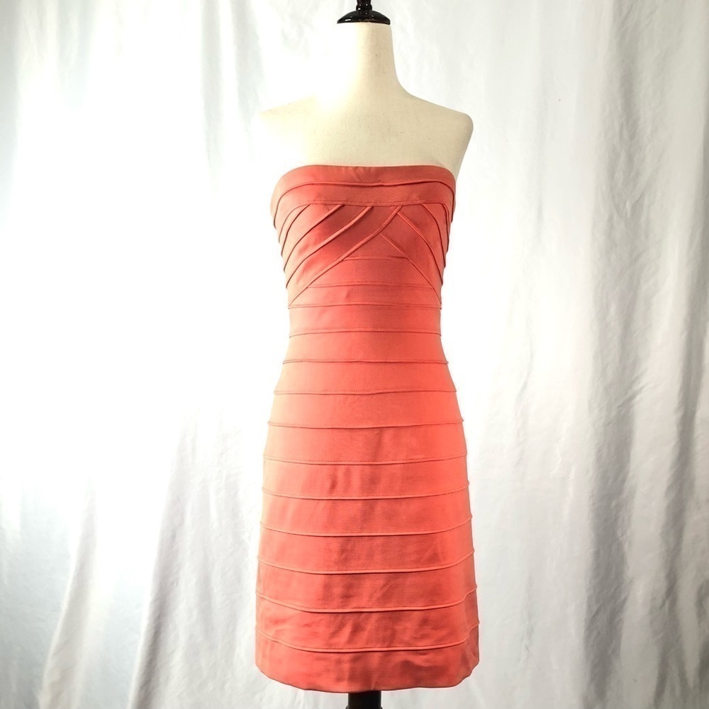 BCBG Max Azria coral strapless bodycon bandage dress 6
